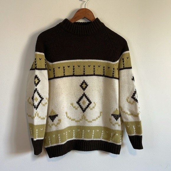 VTG Ski Sweater Fair Isle Retro Knit Waldorf Grandpa Large Cream Southwest - Picture 2 of 11